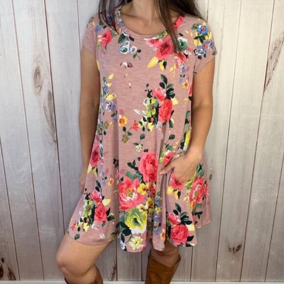 Short sleeve dress pink floral medium large - Picture 2 of 10